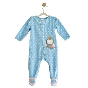 Little Wonders Blue Princess Owl Polka Dots Micro Fleece Footie Baby 3-6 Months